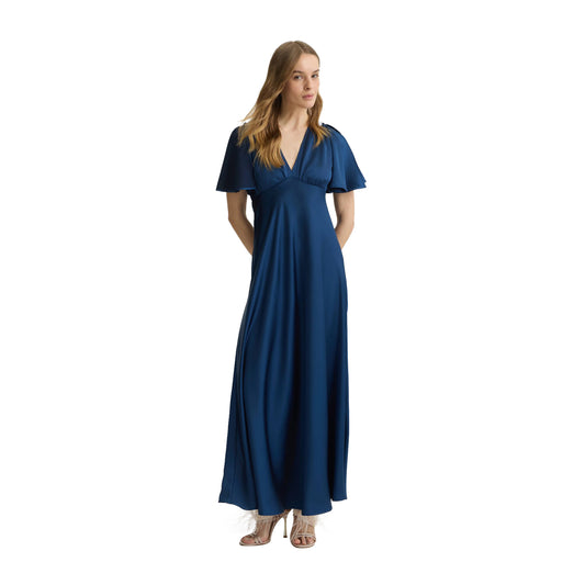 Abito lungo Donna in raso Blu modella frontale