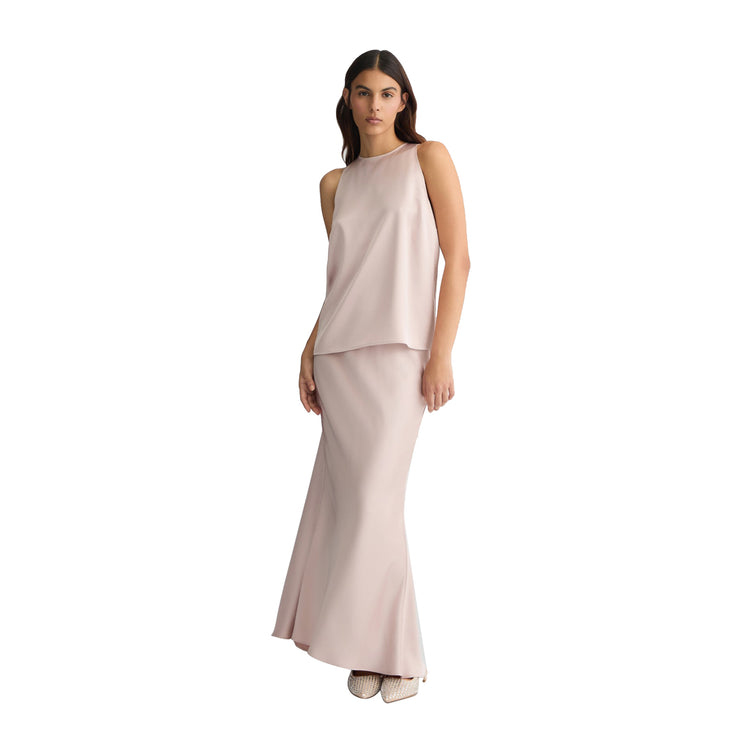 Gonna lunga Donna in raso Rosa modella intera frontale