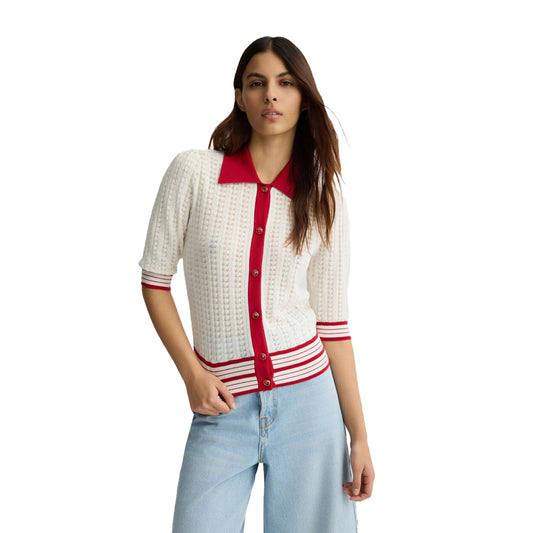 Cardigan Donna bianco e rosso in maglia modella frontale