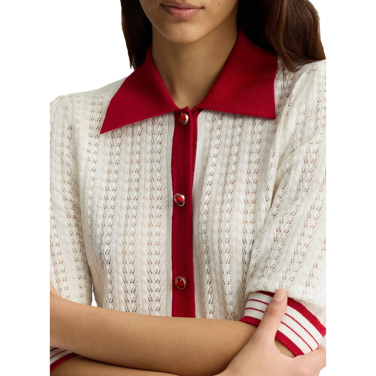 Cardigan Donna bianco e rosso in maglia modella frontale ravvicinata