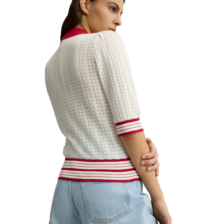 Cardigan Donna bianco e rosso in maglia modella retro