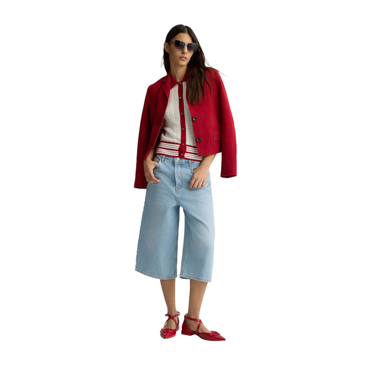 Cardigan Donna bianco e rosso in maglia modella intera frontale