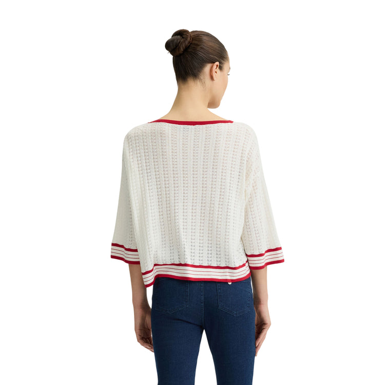 Maglia Donna in cotone e cashmere con dettagli rossi modella retro