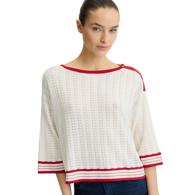 Maglia Donna in cotone e cashmere con dettagli rossi modella frontale ravvicinata