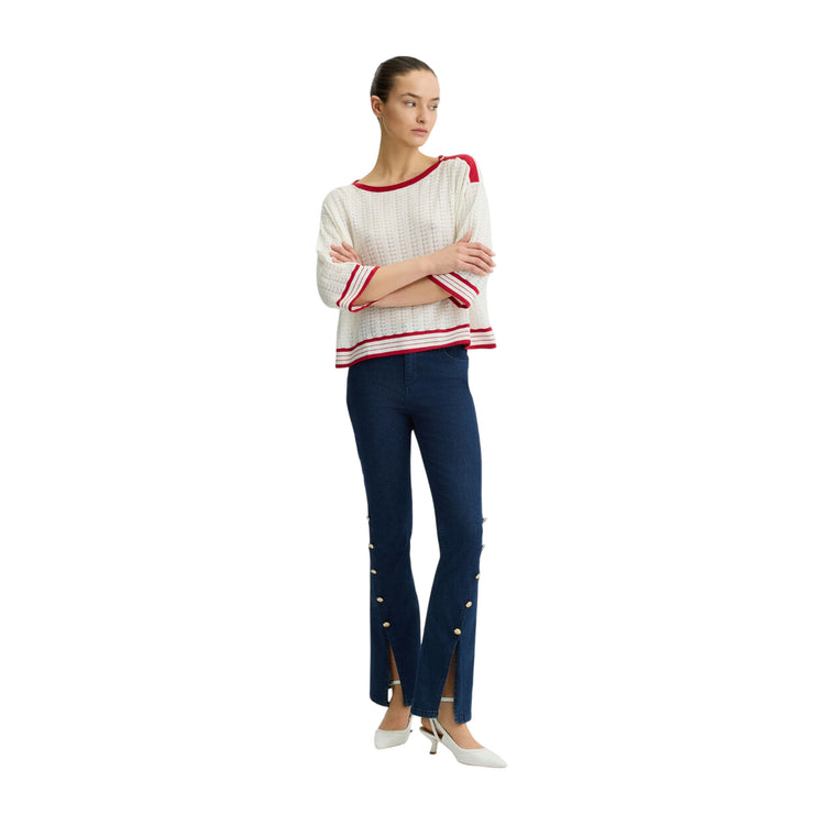 Maglia Donna in cotone e cashmere con dettagli rossi modella frontale intera