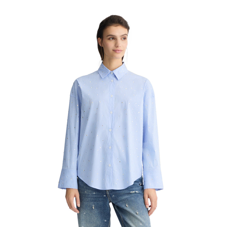 Camicia azzurra Donna in popeline con strass modella frontale