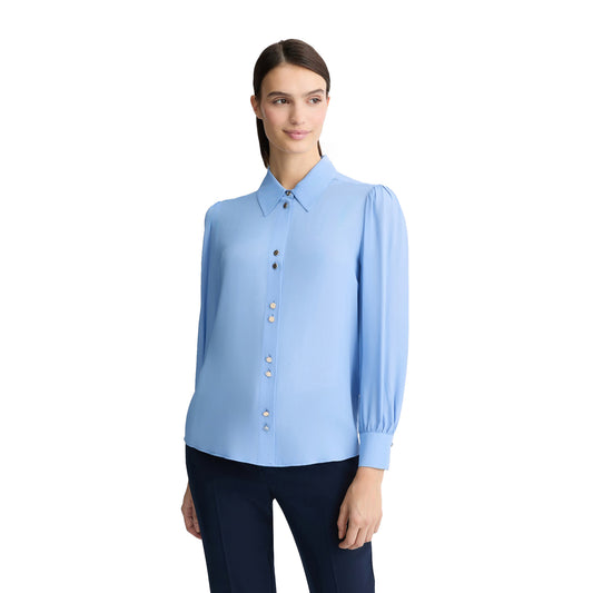 Camicia Donna in crêpe de chine di viscosa Azzurro modella frontale