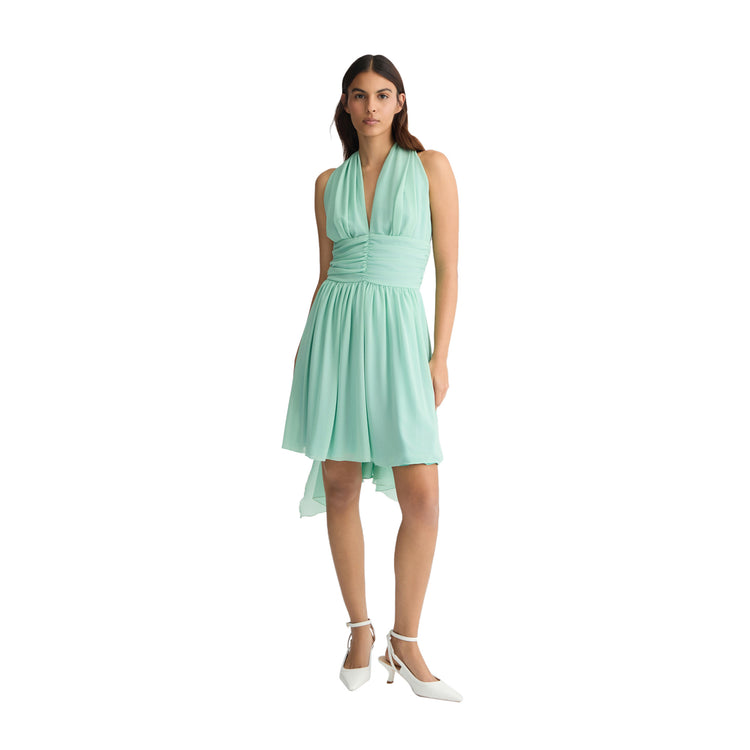 Abito corto Donna con drappeggio verde modella frontale