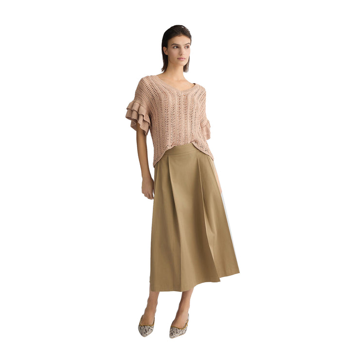 Gonna Donna a pieghe Beige in gabardine modella intera frontale