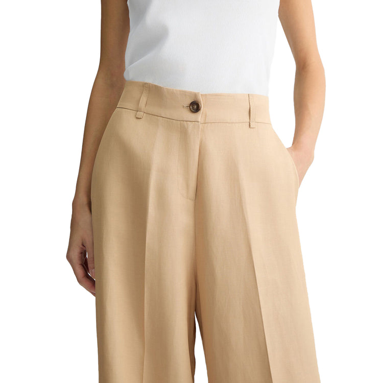 Pantaloni Donna wide leg beige con tasca applicata dettaglio frontale