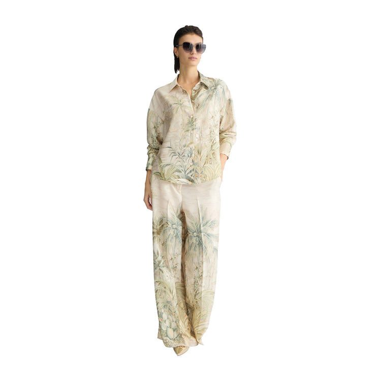 Camicia Donna in twill con stampa tropicale modella intera frontale