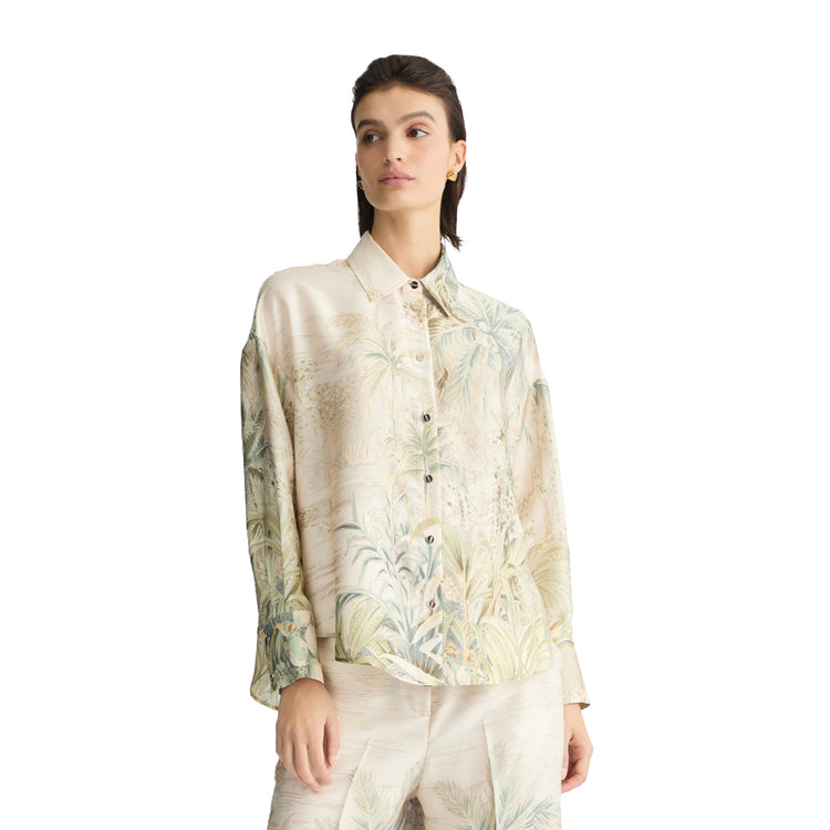 Camicia Donna in twill con stampa tropicale modella frontale