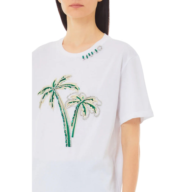 T-shirt Bianca da Donna con palme ricamate con strass modella frontale ravvicinata