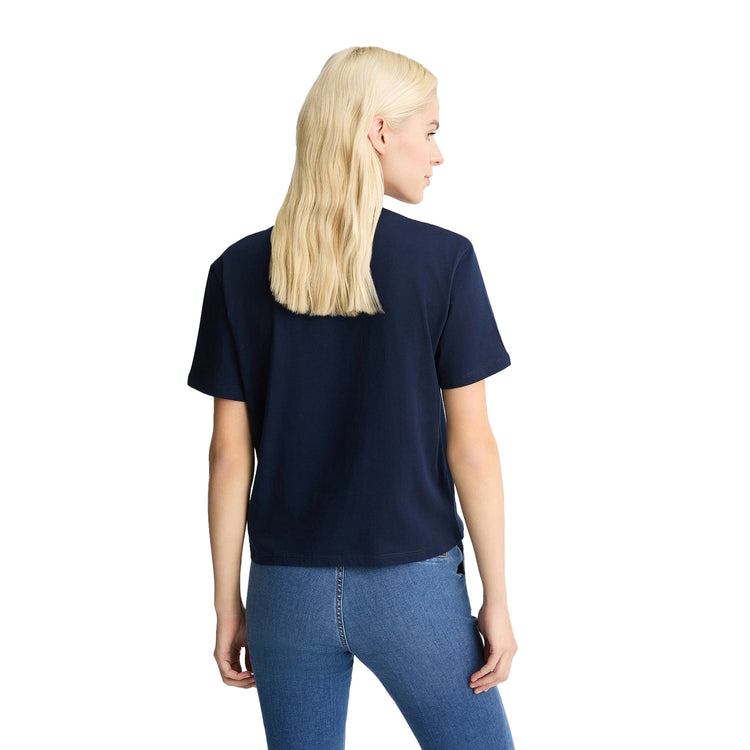T-shirt Donna in cotone Blu con ricamo e strass modella retro