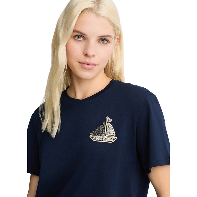 T-shirt Donna in cotone Blu con ricamo e strass modella frontale ravvicinata