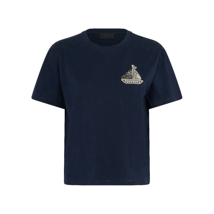 T-shirt Donna in cotone Blu con ricamo e strass