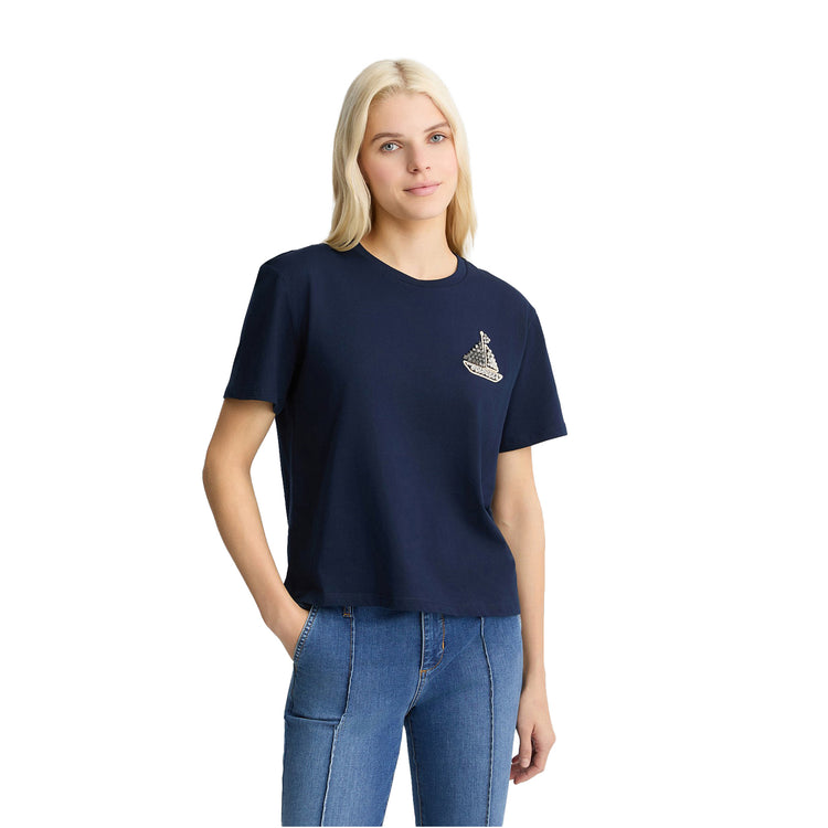 T-shirt Donna in cotone Blu con ricamo e strass modella frontale