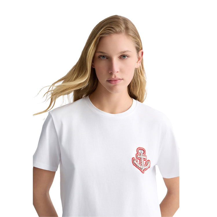 T-shirt Donna in cotone Bianco con ricamo e strass modella frontale ravvicinata
