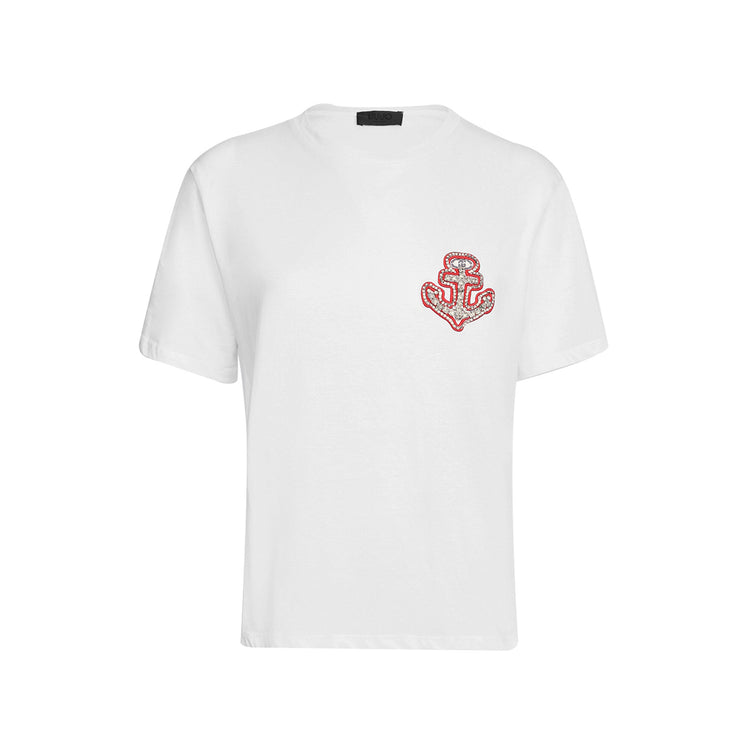 T-shirt Donna in cotone Bianco con ricamo e strass