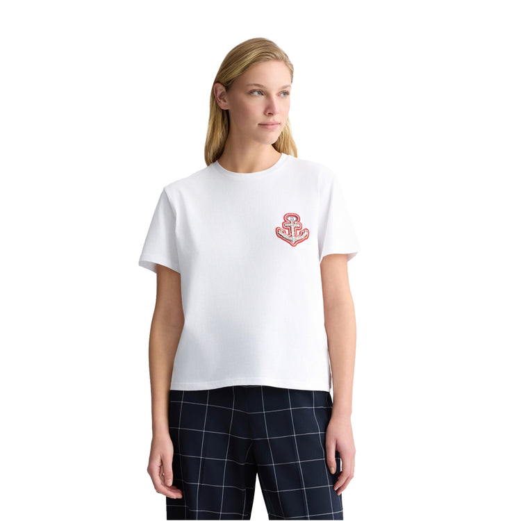 T-shirt Donna in cotone Bianco con ricamo e strass modella frontale