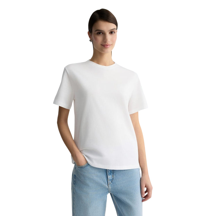 T-shirt Donna in cotone in tinta unita bianca modella frontale