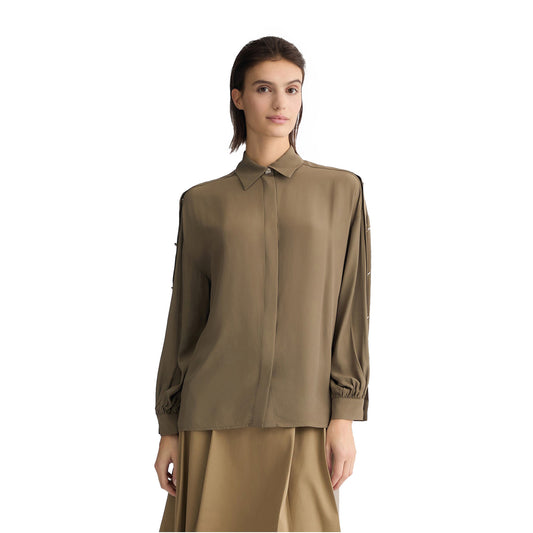 Camicia Donna in crêpe de chine Verde militare modella frontale