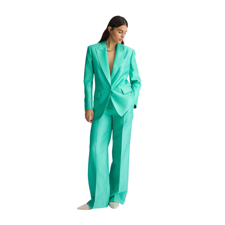Blazer Donna monopetto in shantung verde modella intera frontale