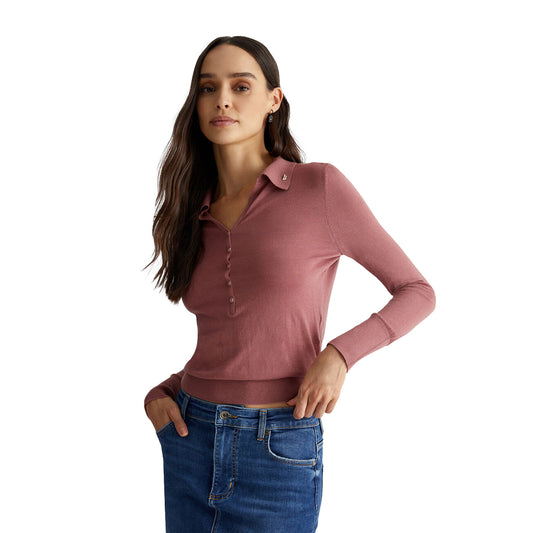 Polo Donna in misto cashmere Rosa modella frontale