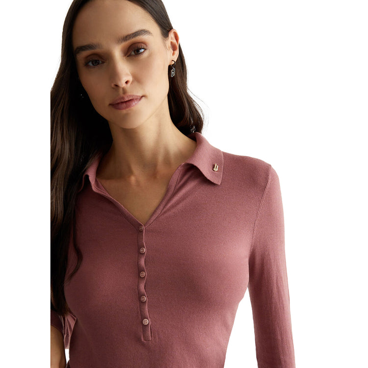 Polo Donna in misto cashmere Rosa dettaglio frontale ravvicinato