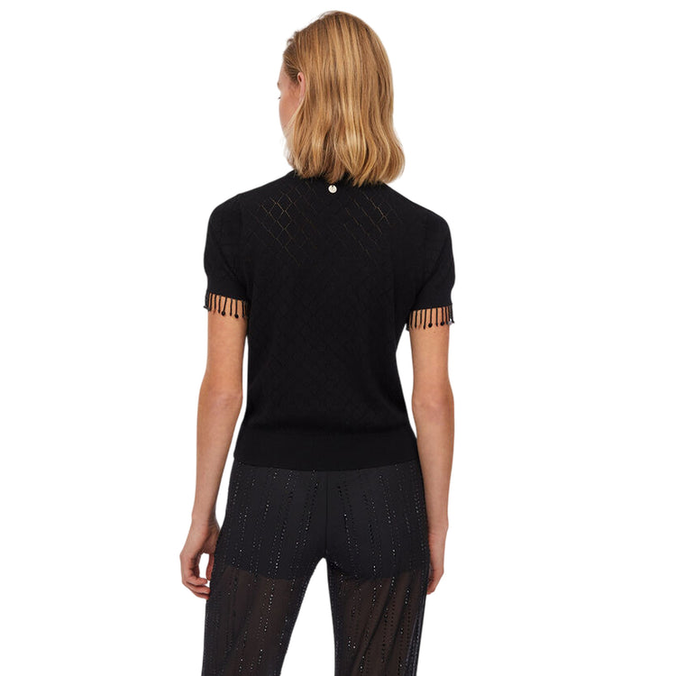 T-shirt Donna con frange sulle maniche Nero modella retro