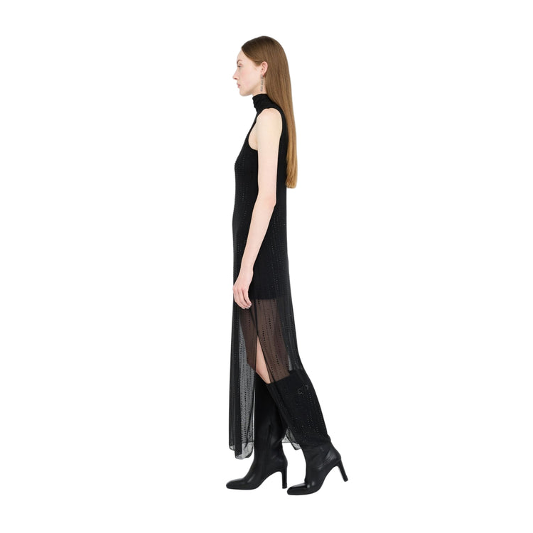Abito Donna in tulle con strass Nero modella laterale