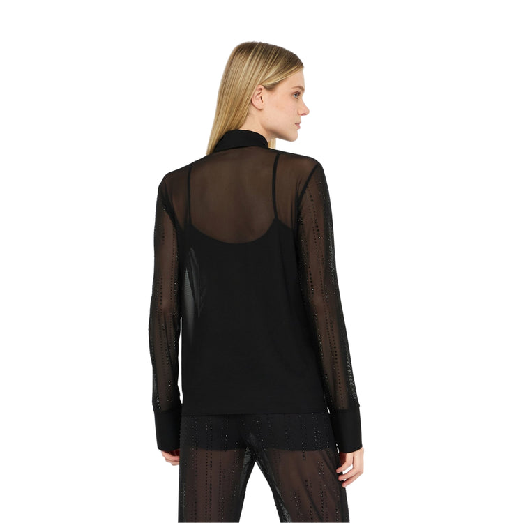Camicia Donna in tulle con strass Nero modella retro