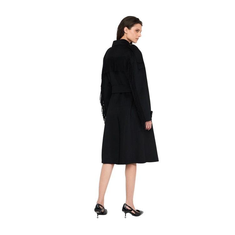 Trench Donna in lana con frange nero modella retro