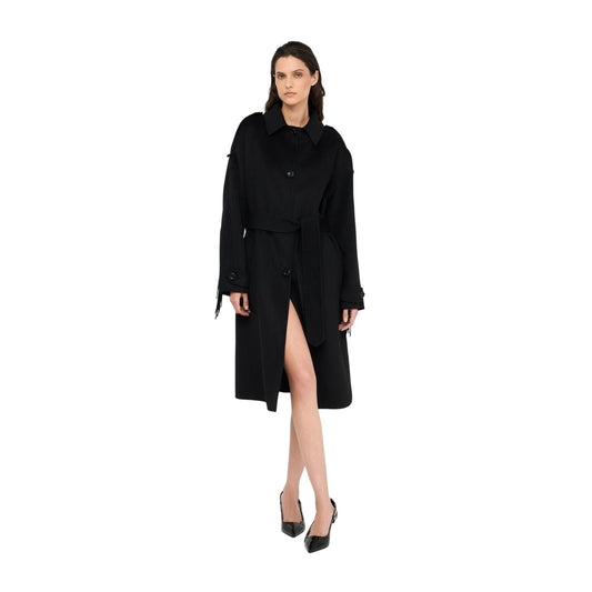 Trench Donna in lana con frange nero modella frontale