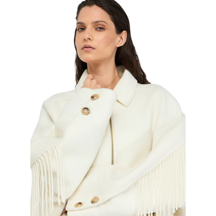 Cappotto Donna in lana con frange Bianco dettaglio modella frontale