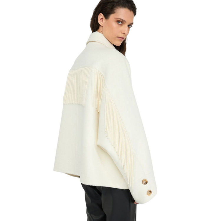 Cappotto Donna in lana con frange Bianco modella retro, dettaglio frange