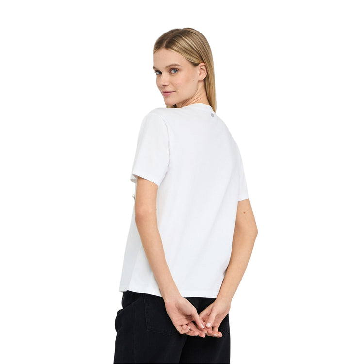 T-shirt Donna con perle e strass Bianco modella retro