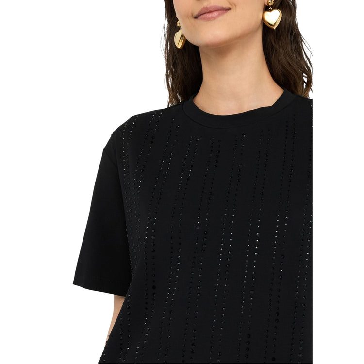 T-shirt Donna con strass applicati Nero modella frontale ravvicinata