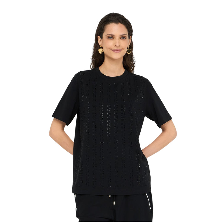 T-shirt Donna con strass applicati Nero modella frontale