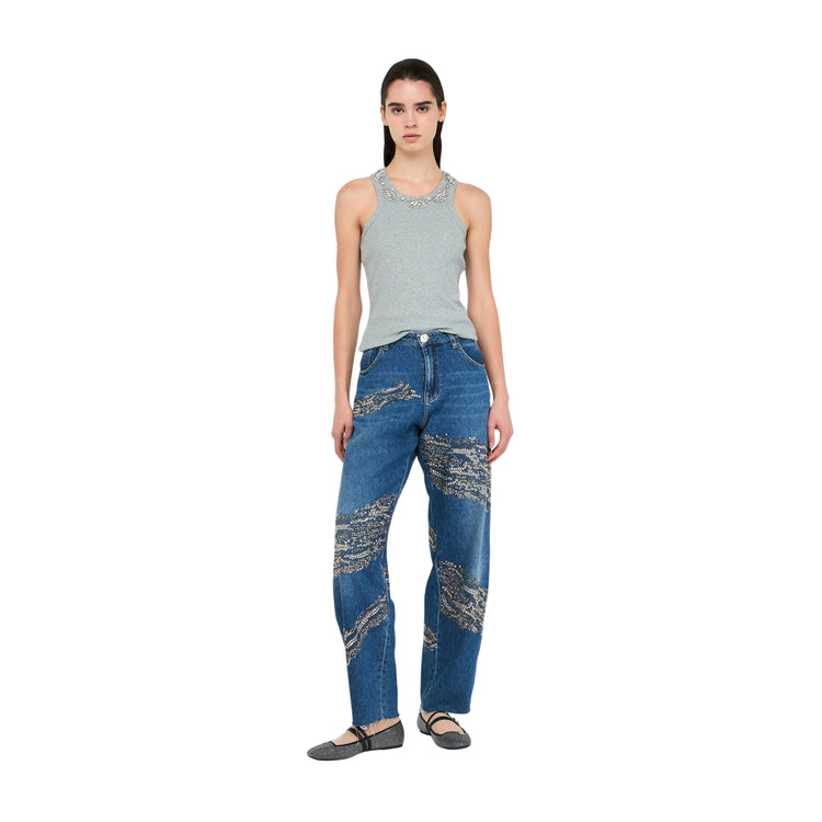 Jeans Donna balloon con borchie e strass modella intera frontale