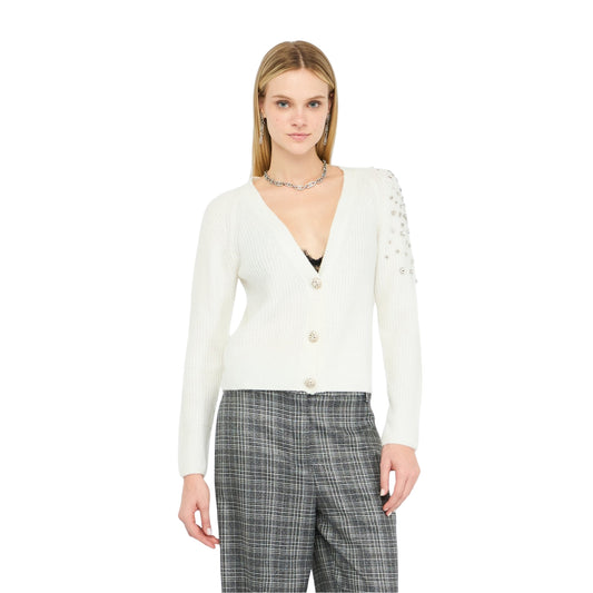 Cardigan Donna in lana bianca con ricami gioiello modella frontale