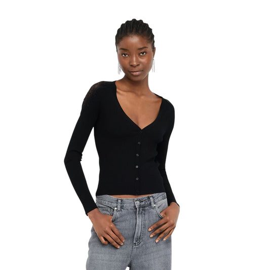 Maglia Donna con bottoni e pizzo Nero modella frontale