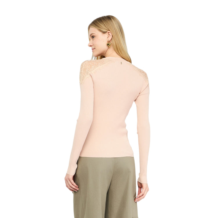 Maglia Donna con bottoni e pizzo Rosa modella retro
