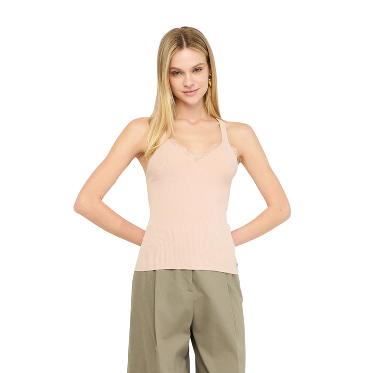 Top Donna con dettagli in pizzo Rosa modella frontale
