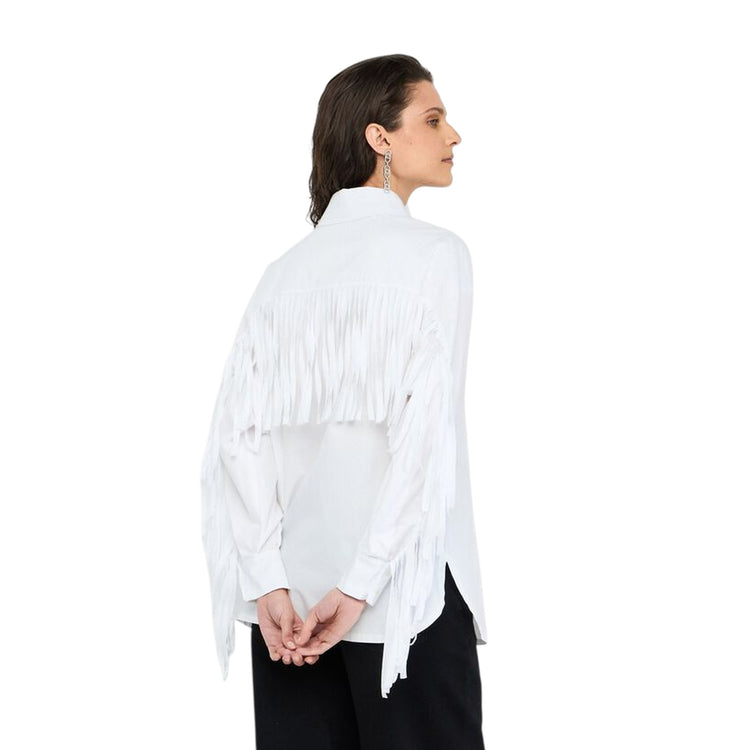 Camicia Donna in popeline con frange Bianco modella retro