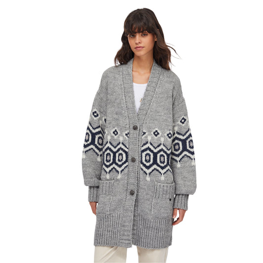 Cardigan Donna lungo con bottoni gioiello modella frontale