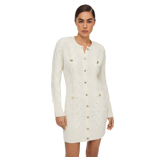 Abito Donna in lana a trecce con bottoni Bianco modella frontale