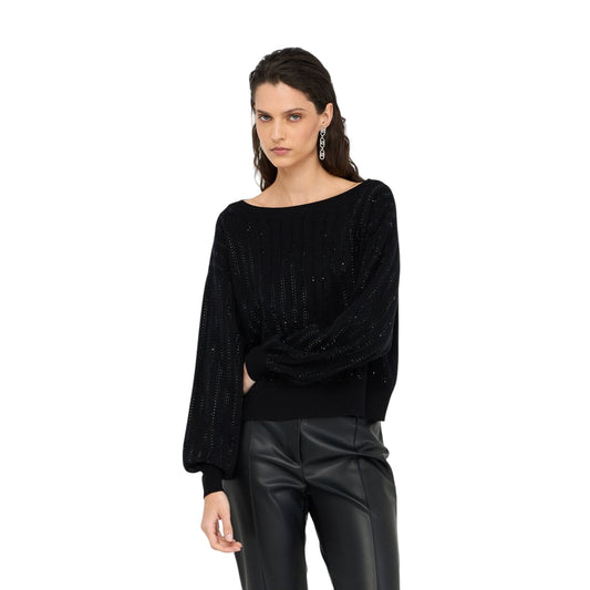 Maglia Donna con strass applicati Nero modella frontale