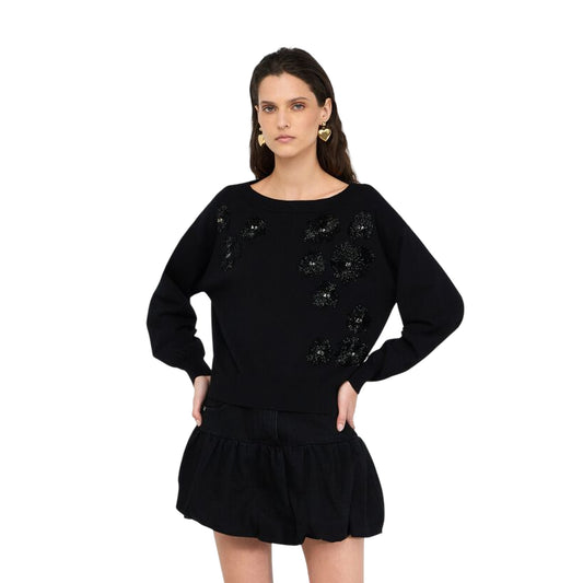 Maglia Donna con fiori e strass Nero modella frontale