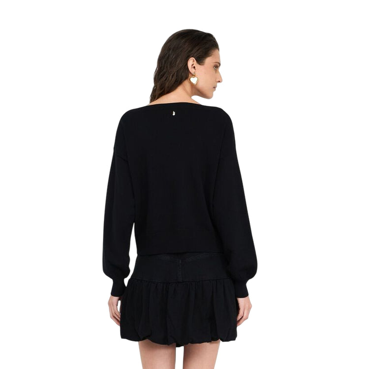 Maglia Donna con fiori e strass Nero modella retro